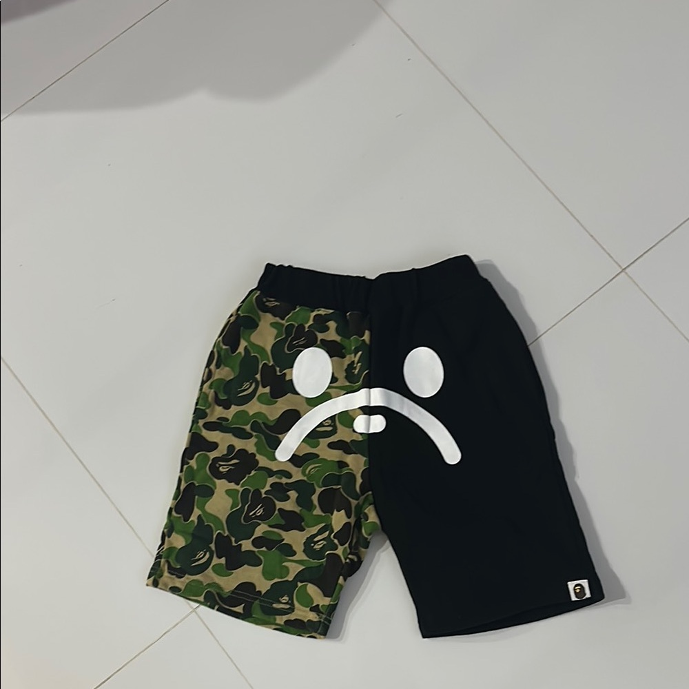 Camo and Black Split Shorts with Sad Face Graphic